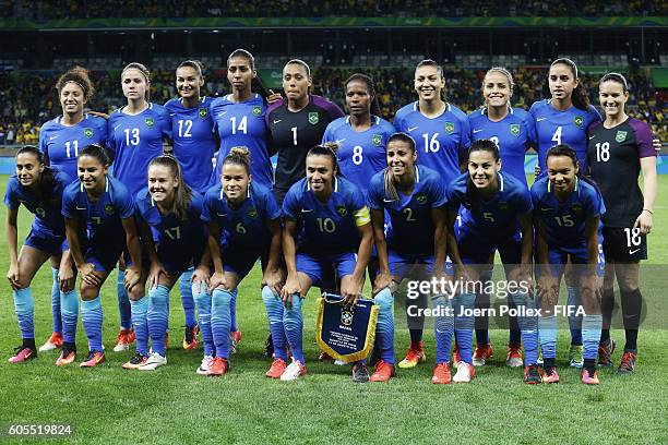 The team of Brasil is seen before the Women's Quarter Final match between Brasil and Australia on Day 7 of the Rio2016 Olympic Games at Mineirao...