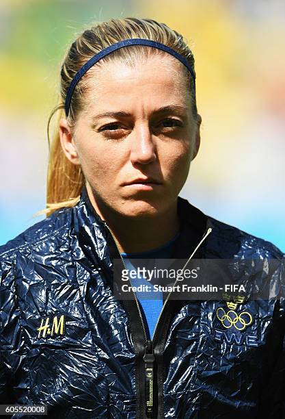 Linda Sembrant of Sweden looks on during the Olympic Womens Semi Final Football match between Brazil and Sweden at Maracana Stadium on August 16,...