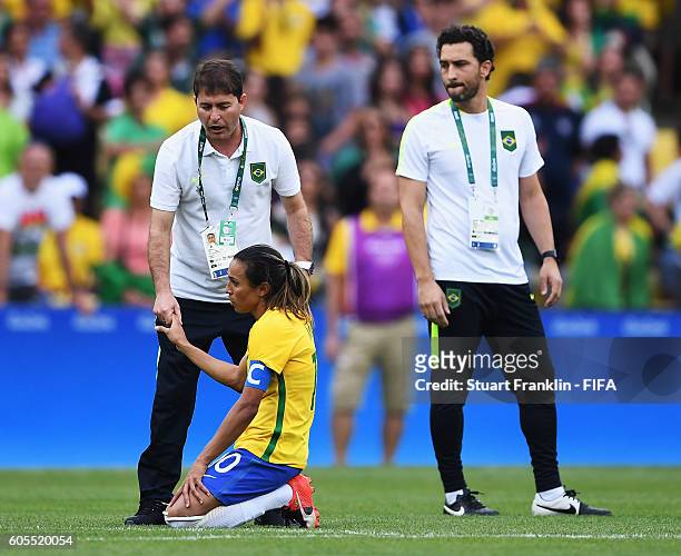 Marta of Brazil looks dejected at the end of the Olympic Womens Semi Final Football match between Brazil and Sweden at Maracana Stadium on August 16,...