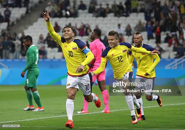 Teofilo Gutierrez of Colombia celebrates after scoring a goal during the Men's First Round Group B match between Colombia and Nigeria on Day 5 of the...