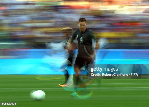 Niklas Suele of Germany runs with the ball during the Men's Football Semi Final between Nigeria and Germany on Day 12 of the Rio 2016 Olympic Games...