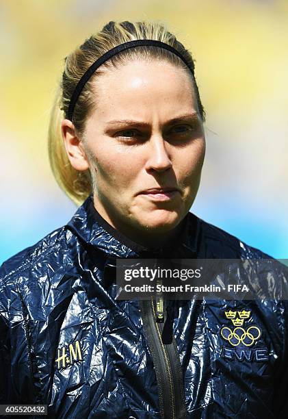 Lisa Dahlkvist of Sweden looks on during the Olympic Womens Semi Final Football match between Brazil and Sweden at Maracana Stadium on August 16,...