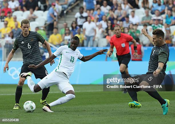 Sadiq Umar of Nigeria attempts a shot on goal during the Men's Football Semi Final between Nigeria and Germany on Day 12 of the Rio 2016 Olympic...