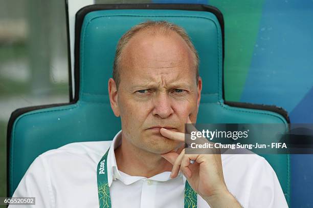 Niels Frederiksen, head coach of Denmark looks on during the Men's Football Quarter Final match between Nigeria and Denmark on Day 8 of the Rio 2016...