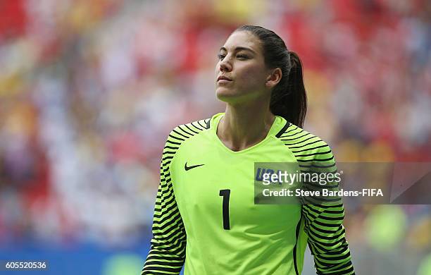 Hope Solo of the United States looks on during the penalty shoot out during the Women's Quarter Final match between United States and Sweden on Day 7...