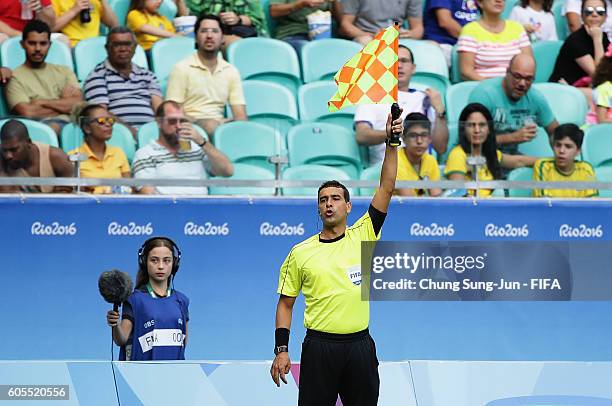 Assistant referee looks on during the Men's Football Quarter Final match between Nigeria and Denmark on Day 8 of the Rio 2016 Olympic Games at Arena...