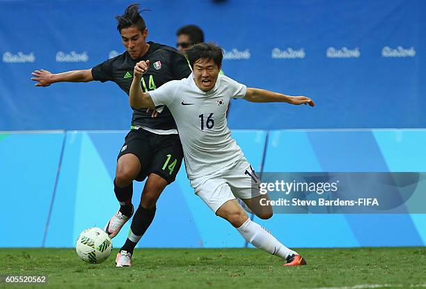 Chang-Hoon Kwon of Korea Republic and Erick Aguirre of Mexico challenge for the ball during the Men's First Round Group C match between Korea...
