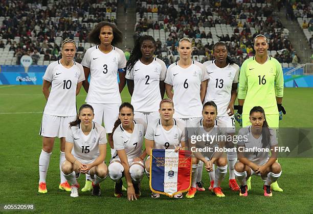 France line up for the Women's Football Quarter Final match between Canada and France on Day 7 of the Rio 2016 Olympic Games at Arena Corinthians on...