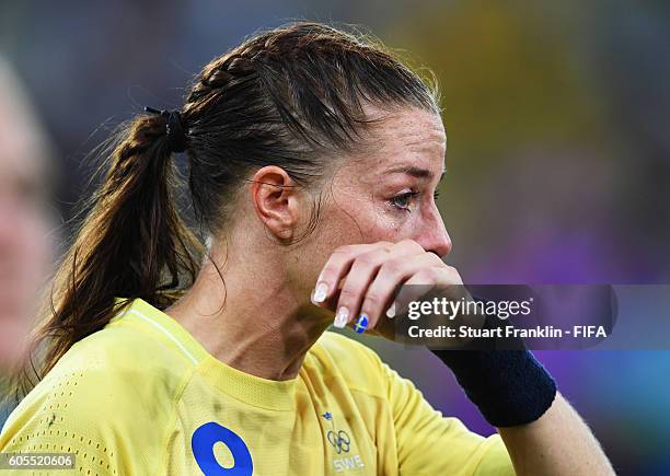 Lotta Schelin of Sweden wipes away tears after the Olympic Women's Football final between Sweden and Germany at Maracana Stadium on August 19, 2016...