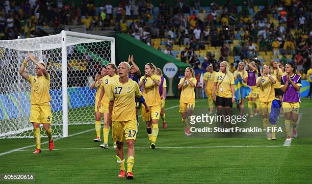 The players of Sweden looks on after the Olympic Women's Football final between Sweden and Germany at Maracana Stadium on August 19, 2016 in Rio de...