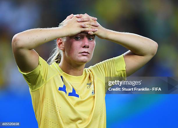 Stina Blackstenius of Sweden looks sad after the Olympic Women's Football final between Sweden and Germany at Maracana Stadium on August 19, 2016 in...