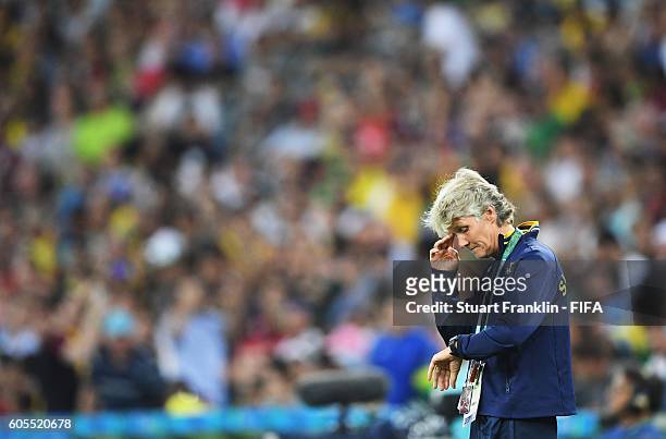 Pia Sundhage, head coach of Sweden ponders during the Olympic Women's Football final between Sweden and Germany at Maracana Stadium on August 19,...
