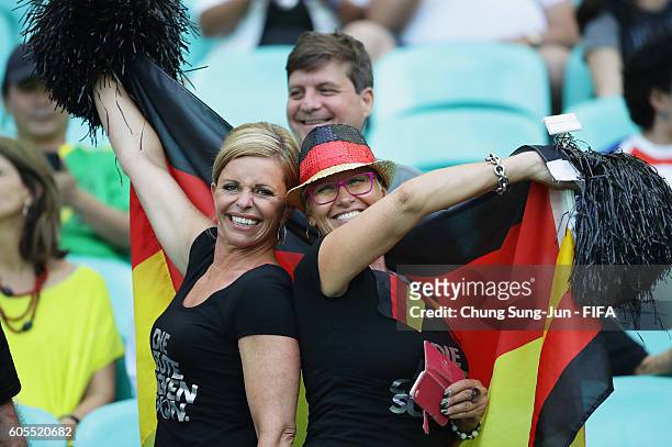 Fans of Germany watch during the Women's Football Quarter Final match between China and Germany on Day 7 of the Rio 2016 Olympic Games at Arena Fonte...