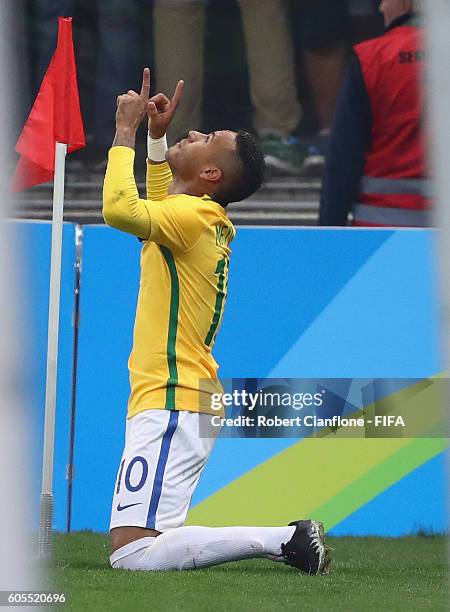 Neymar of Brazil celebrates after scoring a goal during the Men's Football Quarter Final match between Brazil and Colombia on Day 8 of the Rio 2016...
