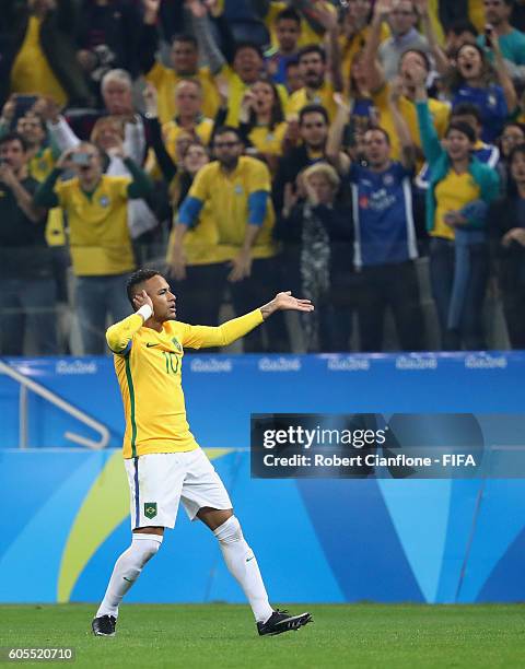 Neymar of Brazil celebrates after scoring a goal during the Men's Football Quarter Final match between Brazil and Colombia on Day 8 of the Rio 2016...