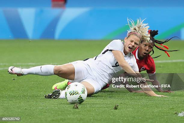 Eugenie le Sommer of France is challenged by Kadeisha Buchanan of Canada during the Women's Football Quarter Final match between Canada and France on...