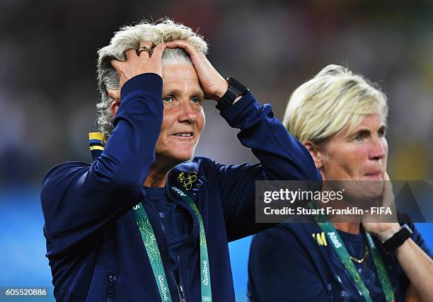 Pia Sundhage, head coach of Sweden looks on after the Olympic Women's Football final between Sweden and Germany at Maracana Stadium on August 19,...