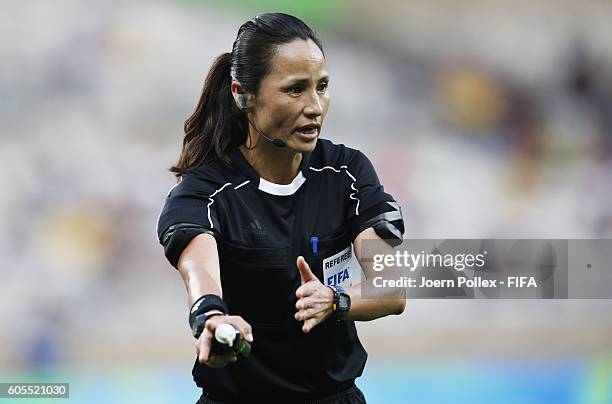 Referee Ri Ok Hyang during the Women's Semi Final match between Canada and Germany on Day 11 of the Rio2016 Olympic Games at Mineirao Stadium on...