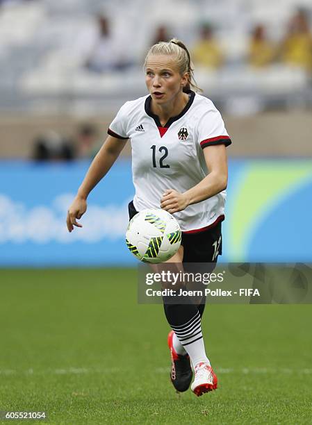 Tabea Kemme of Germany controls the ball during the Women's Semi Final match between Canada and Germany on Day 11 of the Rio2016 Olympic Games at...