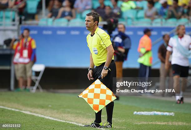 Assistant referee looks on during the Men's Football Quarter Final match between Nigeria and Denmark on Day 8 of the Rio 2016 Olympic Games at Arena...