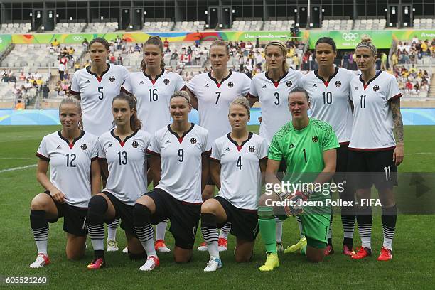 The team of Germany is pictured before the Women's Semi Final match between Canada and Germany on Day 11 of the Rio2016 Olympic Games at Mineirao...