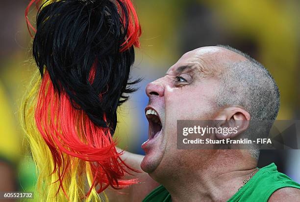 Fan of Brazil looks on during the Olympic Men's Final Football match between Brazil and Germany at Maracana Stadium on August 20, 2016 in Rio de...