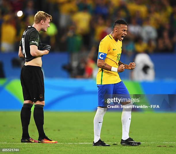 Neymar of Brazil celebrates his goal during the Olympic Men's Final Football match between Brazil and Germany at Maracana Stadium on August 20, 2016...