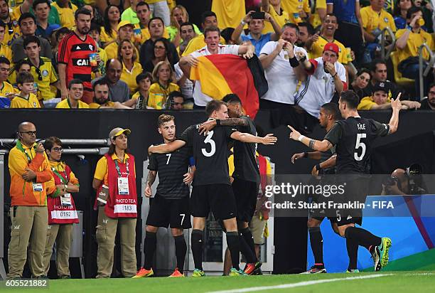 Maximilian Meyer of Germany celebrates scoring his goal during the Olympic Men's Final Football match between Brazil and Germany at Maracana Stadium...