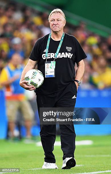 Horst Hrubesch, head coach of Germany gestures during the Olympic Men's Final Football match between Brazil and Germany at Maracana Stadium on August...