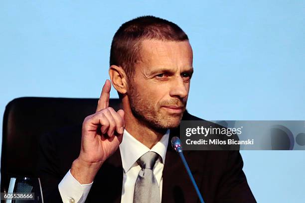 Newly elected UEFA President Aleksander Ceferin during a press conference after the 12th Extraordinary UEFA congress in in Athens, Greece 14...