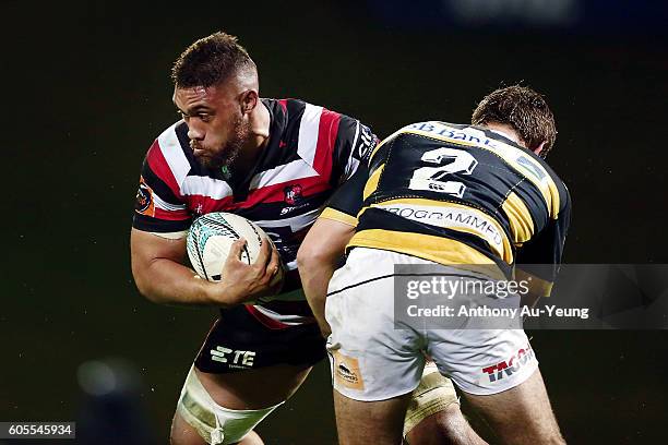 Matt Va'ai of Counties Manukau clashes with Rhys Marshall of Taranaki during the round five Mitre 10 Cup match between Counties Manukau and Taranaki...