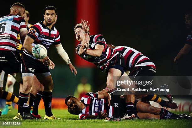 Richard Judd of Counties Manukau with a pass during the round five Mitre 10 Cup match between Counties Manukau and Taranaki at ECOLight Stadium on...