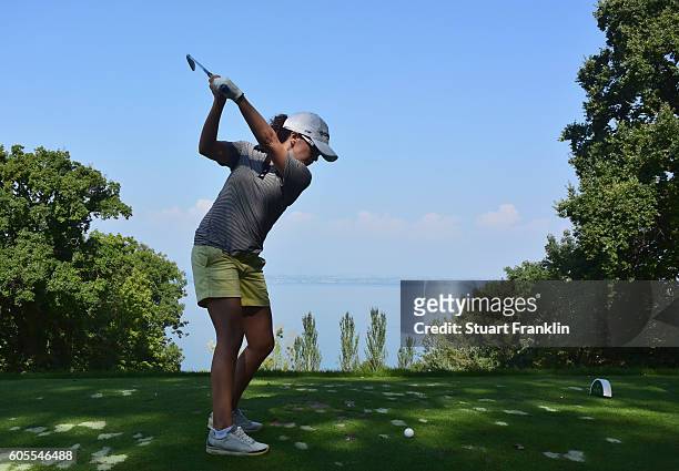 Mo Martin of USA plays a shot during practice prior to the start of the Evian Championship Golf on September 14, 2016 in Evian-les-Bains, France.