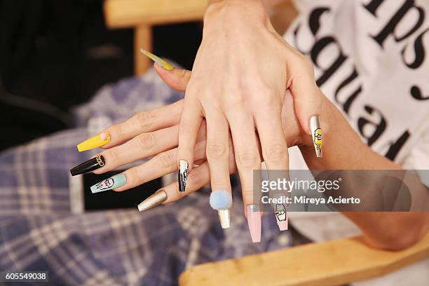 Detail view of model's manicure backstage before the Tumbler & Tipsy By Michael Kuluva fashion show during Style360 NYFW September 2016 at...