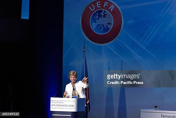 Evelina Christillin female member of the Fifa Council during her speech. The UEFA Executive Committee today met in Basel ahead of the UEFA Europa...