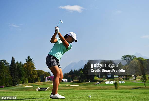 Lydia Ko of New Zealand plays a shot during practice prior to the start of the Evian Championship Golf on September 14, 2016 in Evian-les-Bains,...