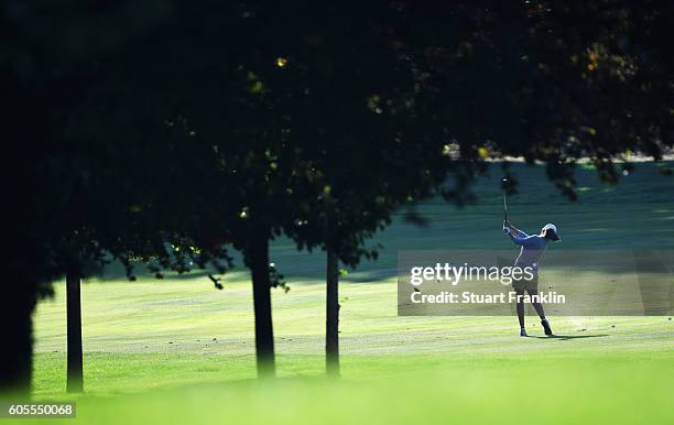 Mo Martin of USA plays a shot during practice prior to the start of the Evian Championship Golf on September 14, 2016 in Evian-les-Bains, France.