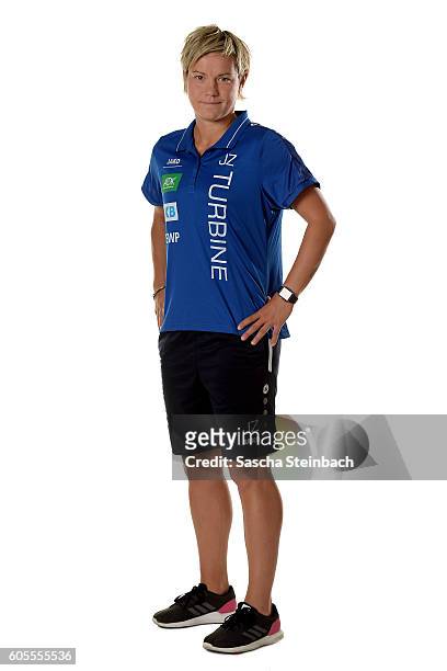 Assistant coach Jennifer Zietz of 1. FFC Turbine Potsdam poses during the Allianz Women's Bundesliga Club Tour on September 7, 2016 in Potsdam,...
