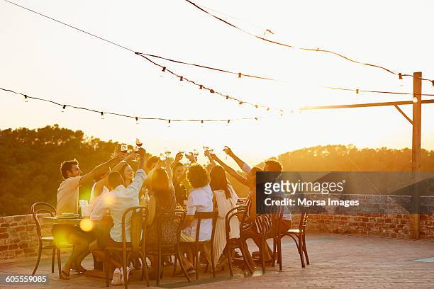 friends toasting drinks during social gathering - sunlight through drink glass foto e immagini stock