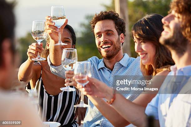 friends toasting drinks at party - white wine stock-fotos und bilder