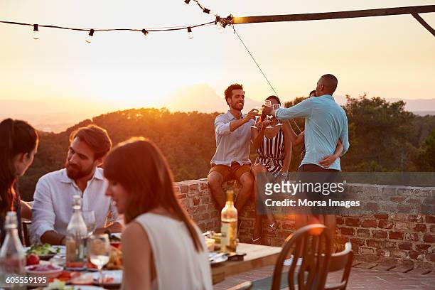 friends toasting wine glasses during dinner party - summer sunset stock pictures, royalty-free photos & images