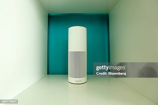 An "Echo" device stands on display during the U.K. Launch event for the Amazon.com Inc. Echo voice-controlled home assistant speaker in London, U.K.,...