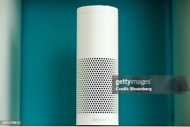 An "Echo" device stands on display during the U.K. Launch event for the Amazon.com Inc. Echo voice-controlled home assistant speaker in London, U.K.,...