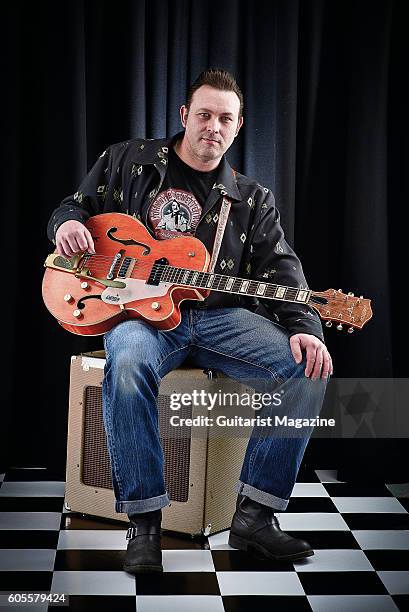 Portrait of English rockabilly guitarist Darrel Higham, photographed in Bath on March 7, 2016.