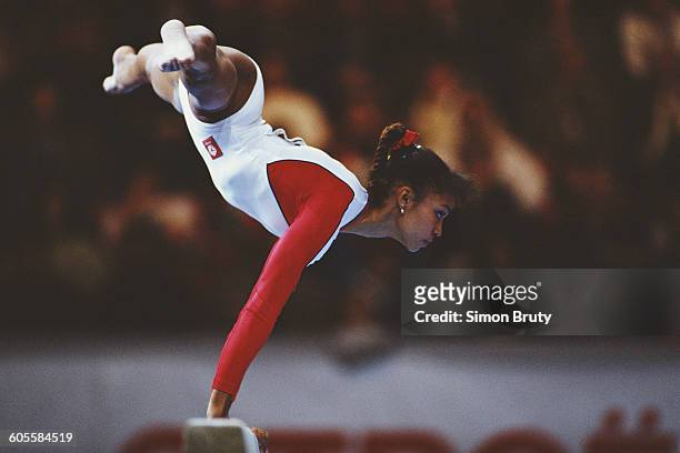 Betty Okino of the United States performing on the Balance Beam on 1 October 1992 during the World Artistic Gymnastics Championships at the Palais...