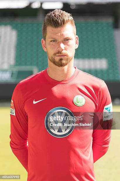 Max Gruen poses during the official team presentation of VfL Wolfsburg at Volkswagen Arena on September 14, 2016 in Wolfsburg, Germany.