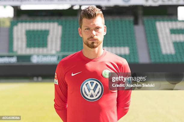 Max Gruen poses during the official team presentation of VfL Wolfsburg at Volkswagen Arena on September 14, 2016 in Wolfsburg, Germany.