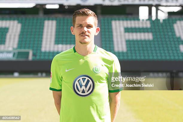 Sebastian Jung poses during the official team presentation of VfL Wolfsburg at Volkswagen Arena on September 14, 2016 in Wolfsburg, Germany.