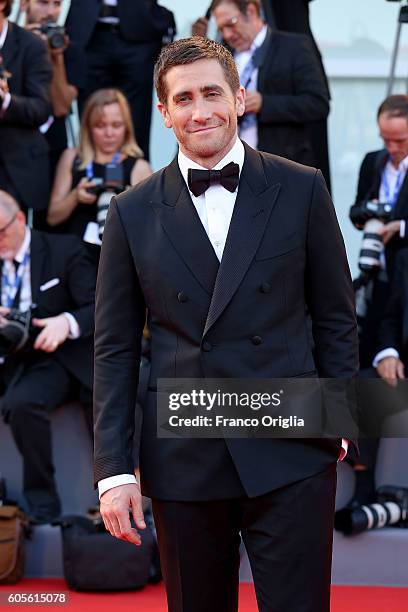 Actor Jake Gyllenhaal attends the premiere of 'Nocturnal Animals' during the 73rd Venice Film Festival at Sala Grande on September 2, 2016 in Venice,...