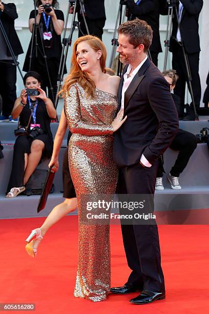 Amy Adams and Darren Le Gallo attend the premiere of 'Nocturnal Animals' during the 73rd Venice Film Festival at Sala Grande on September 2, 2016 in...